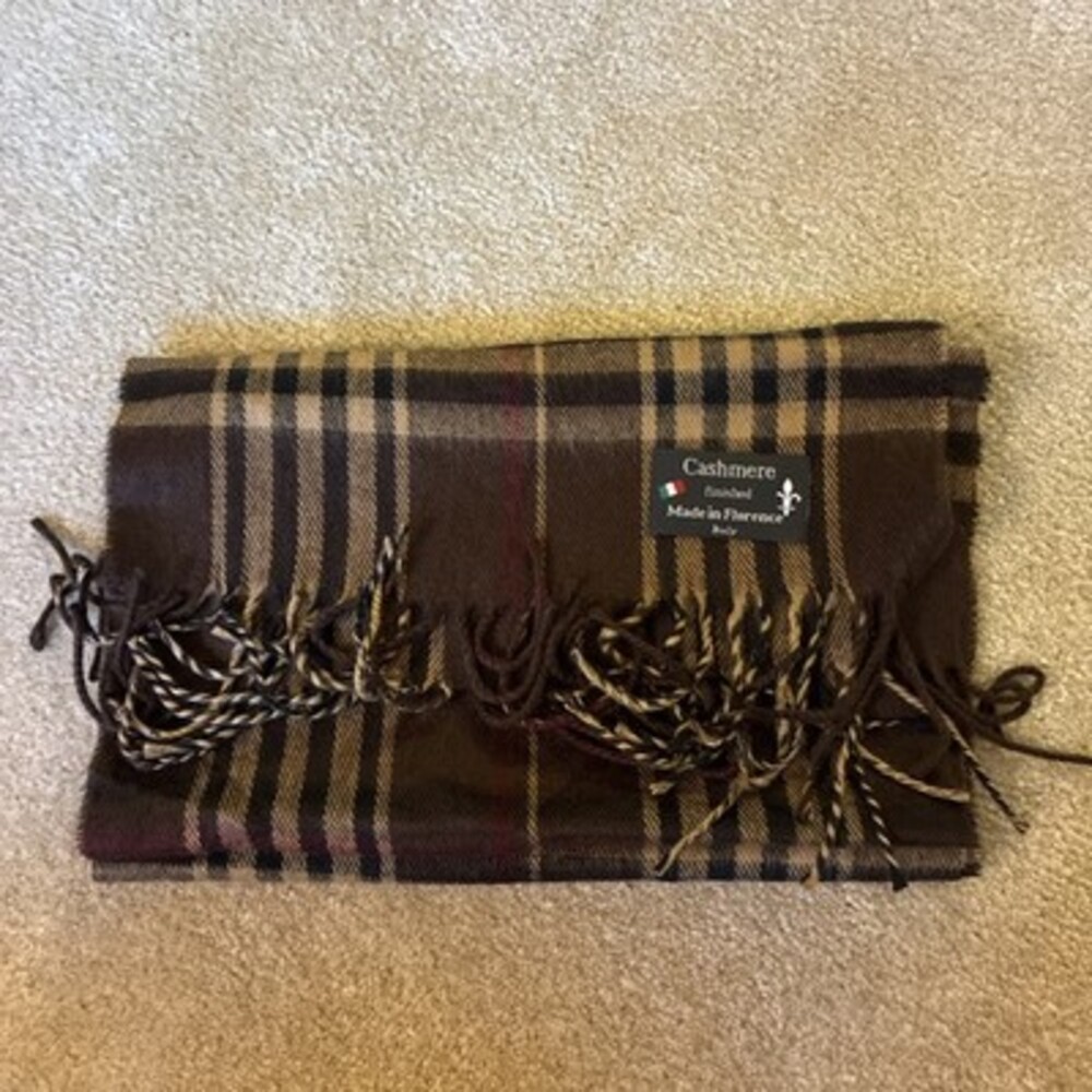 Cashmere Finished Scarf Tan Plaid Fringe Edges Made In Florence Italy